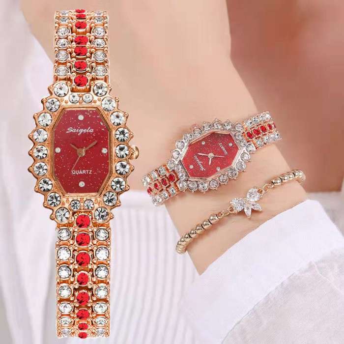 Fashion Simple Women Watches With Bracelet Set Quartz Wristwatch Shiny Stone Red Colour